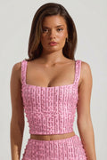 Chic Embellished Square-Neck Crop Top in Posy