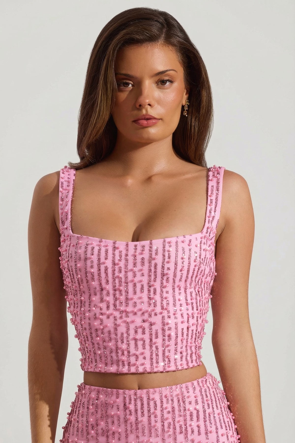 Chic Embellished Square-Neck Crop Top in Posy