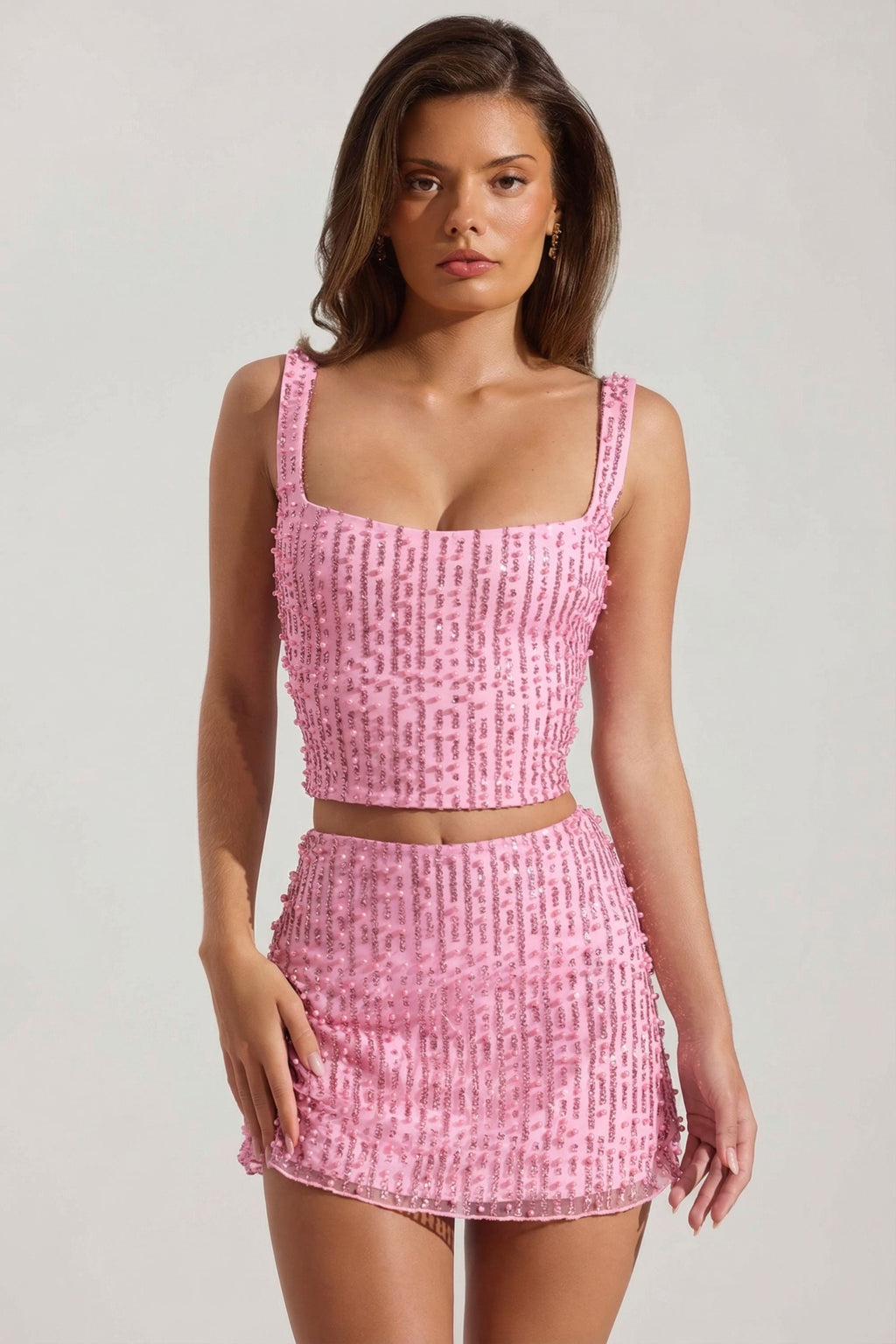 Chic Embellished Square-Neck Crop Top in Posy