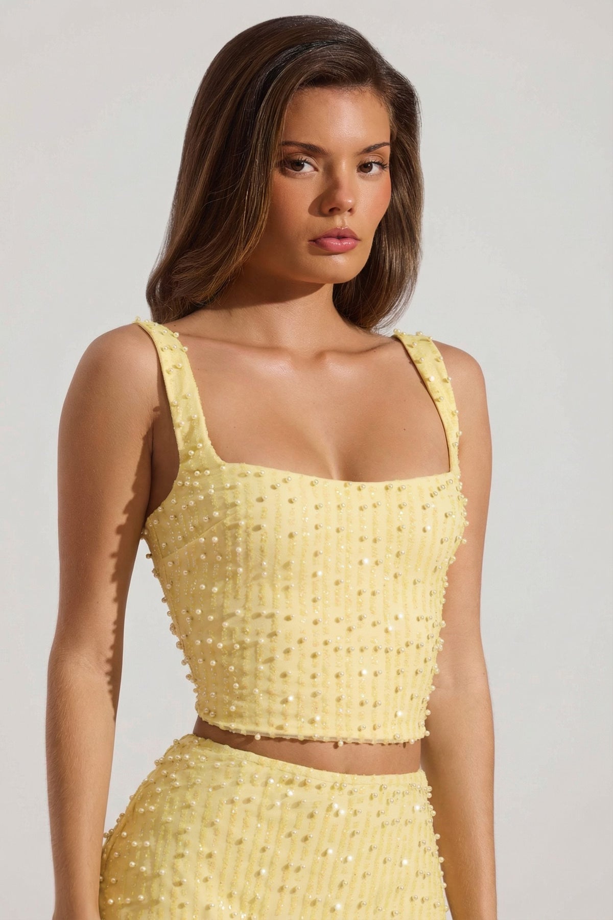Chic Embellished Square-Neck Crop Top in Limoncello