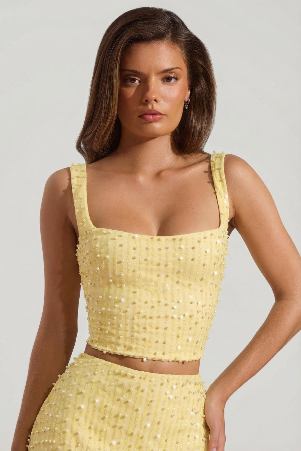 Chic Embellished Square-Neck Crop Top in Limoncello