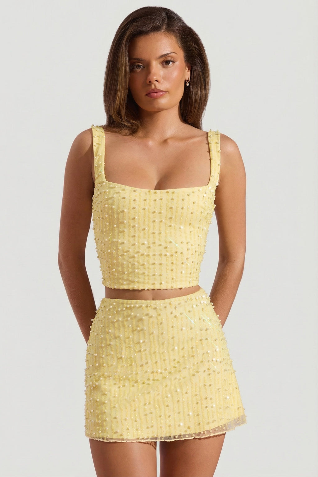 Chic Embellished Square-Neck Crop Top in Limoncello
