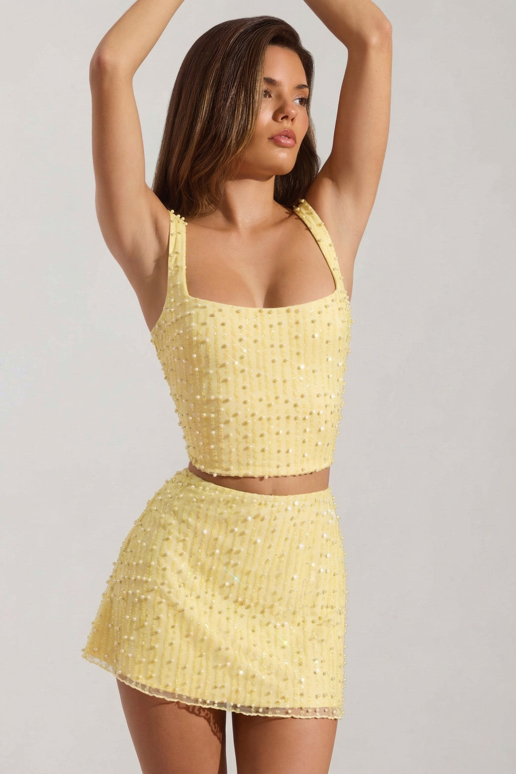 Chic Embellished Square-Neck Crop Top in Limoncello