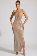 Chic Embellished Strapless Plunge Gown in Honey