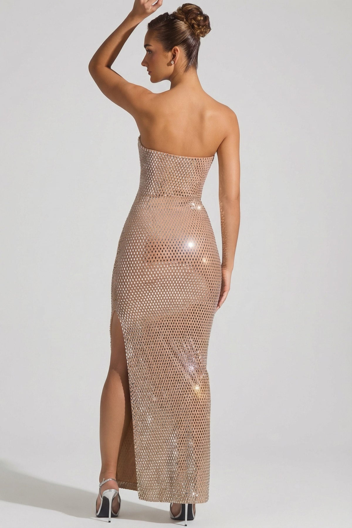 Chic Embellished Strapless Plunge Gown in Honey