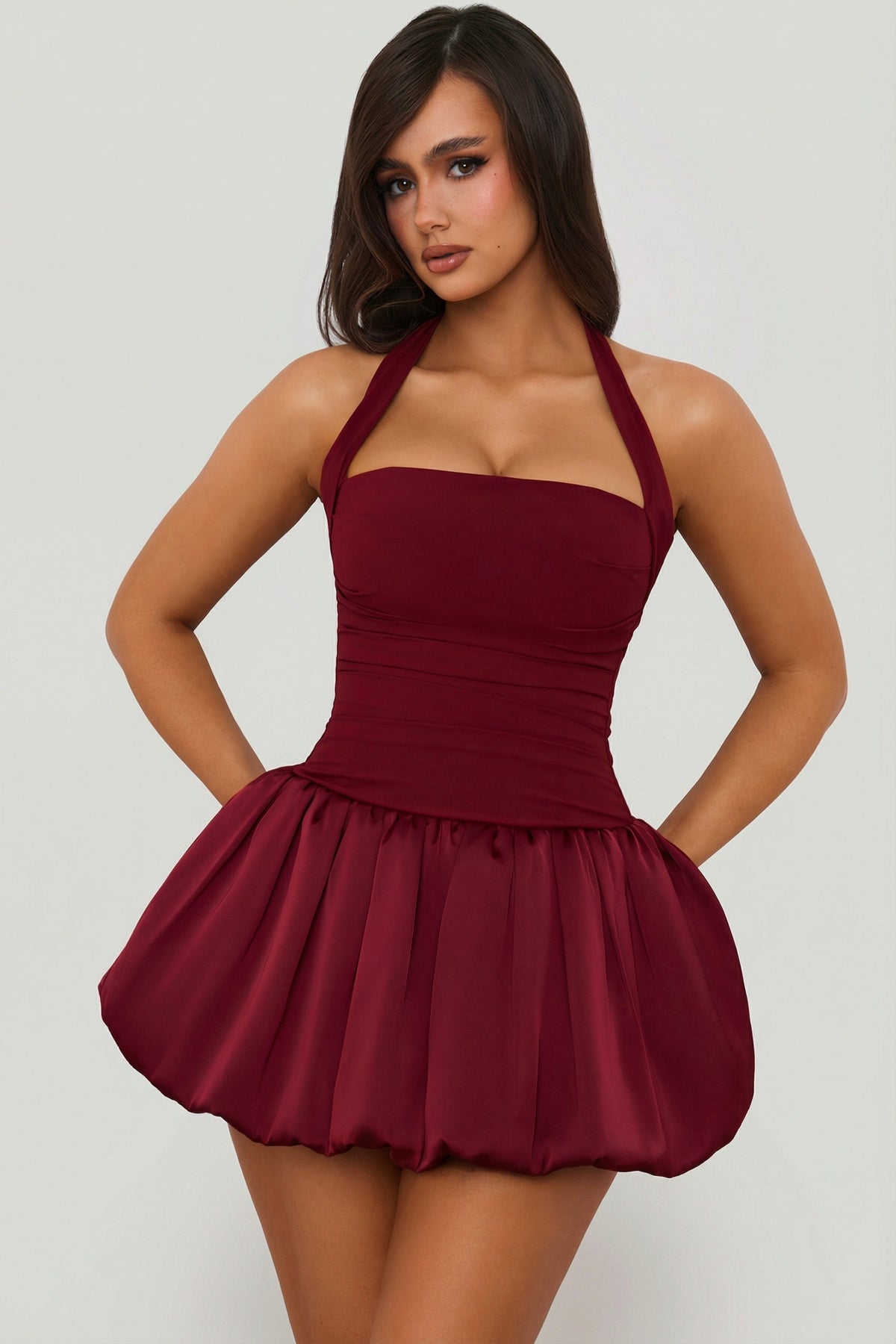 Chic Halterneck Lace-Up Bubble Hem Corset Micro Mini Dress in Berry Red