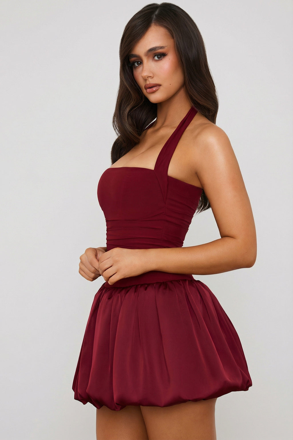 Chic Halterneck Lace-Up Bubble Hem Corset Micro Mini Dress in Berry Red