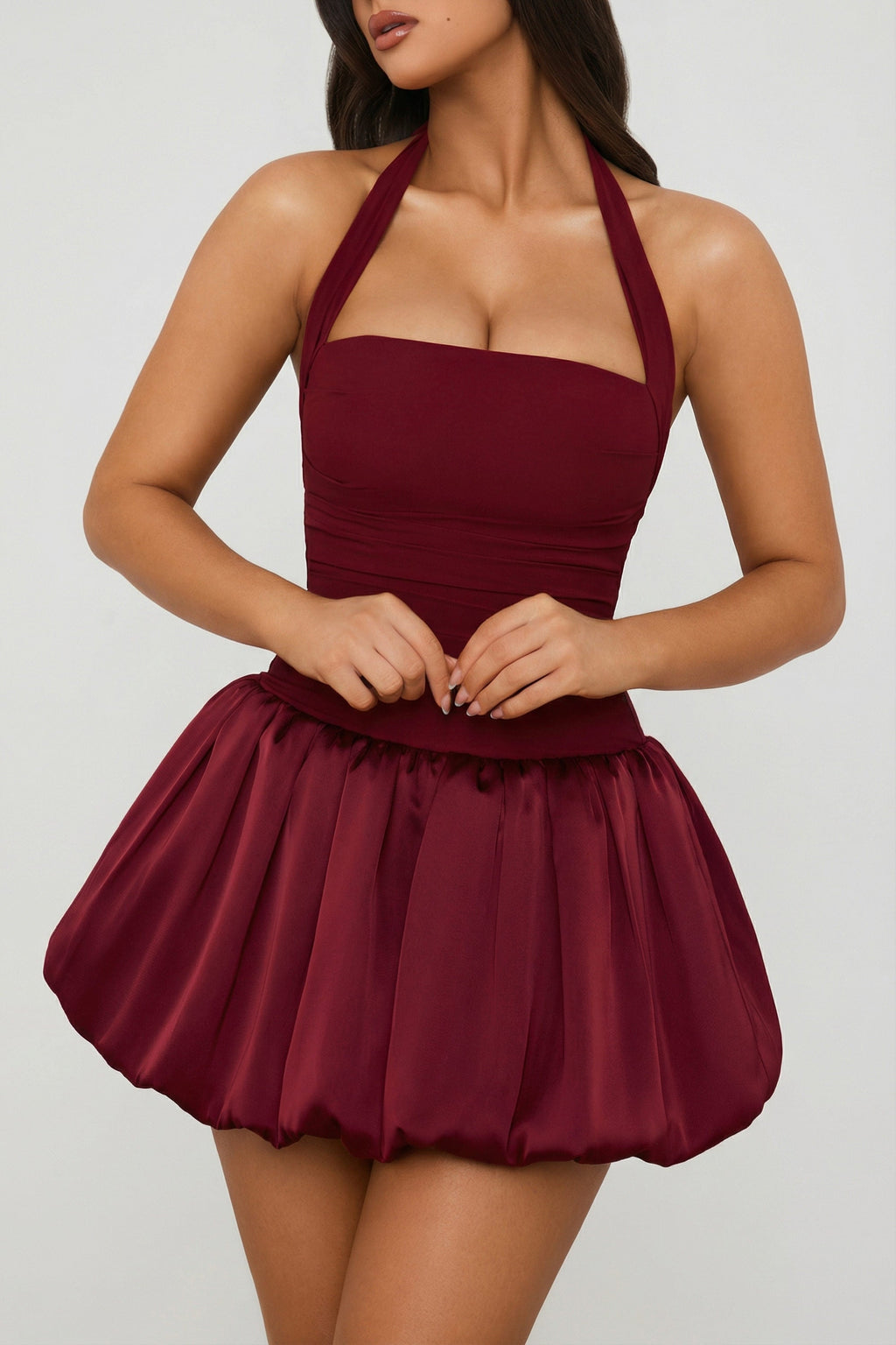 Chic Halterneck Lace-Up Bubble Hem Corset Micro Mini Dress in Berry Red