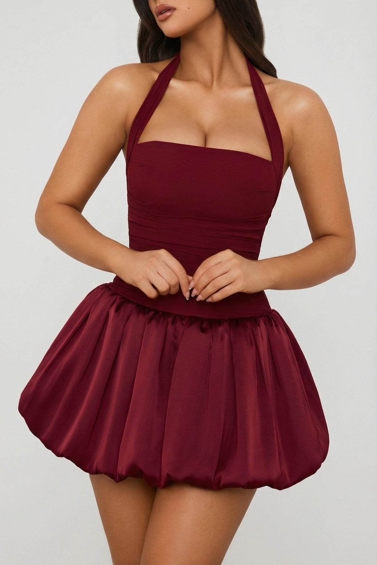 Chic Halterneck Lace-Up Bubble Hem Corset Micro Mini Dress in Berry Red
