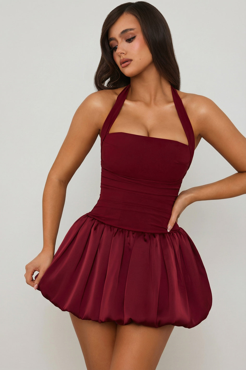 Chic Halterneck Lace-Up Bubble Hem Corset Micro Mini Dress in Berry Red