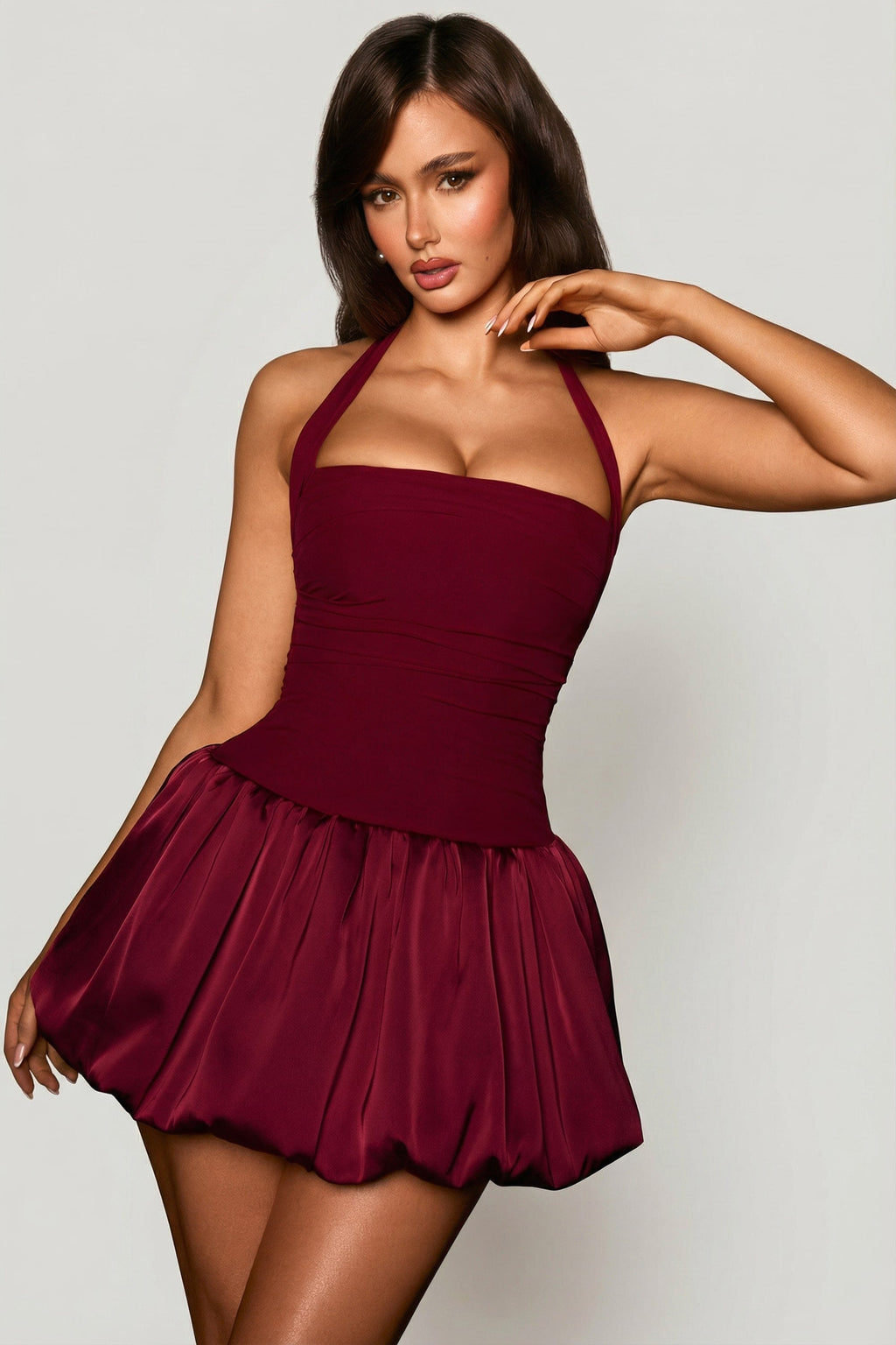 Chic Halterneck Lace-Up Bubble Hem Corset Micro Mini Dress in Berry Red