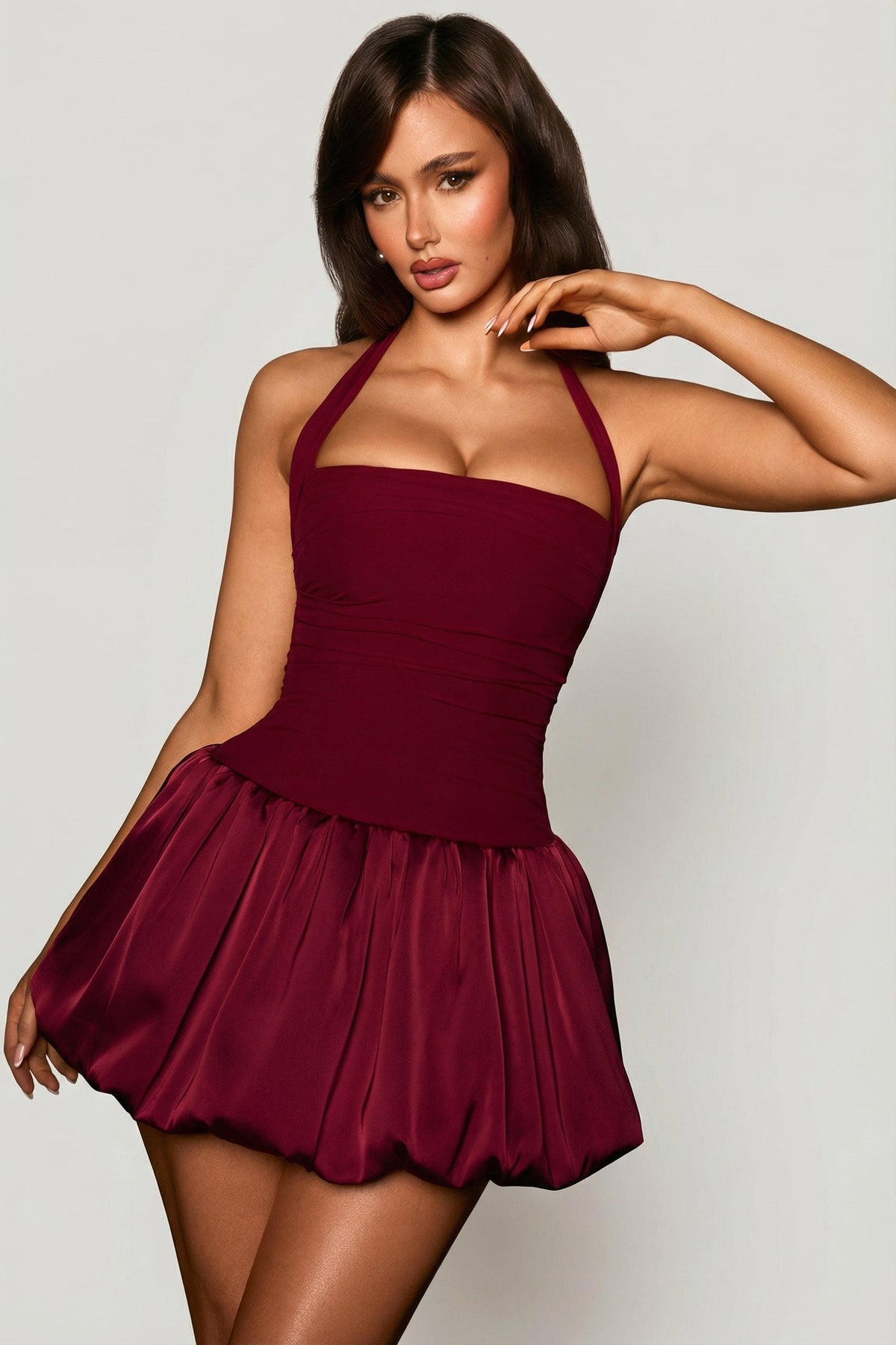 Chic Halterneck Lace-Up Bubble Hem Corset Micro Mini Dress in Berry Red