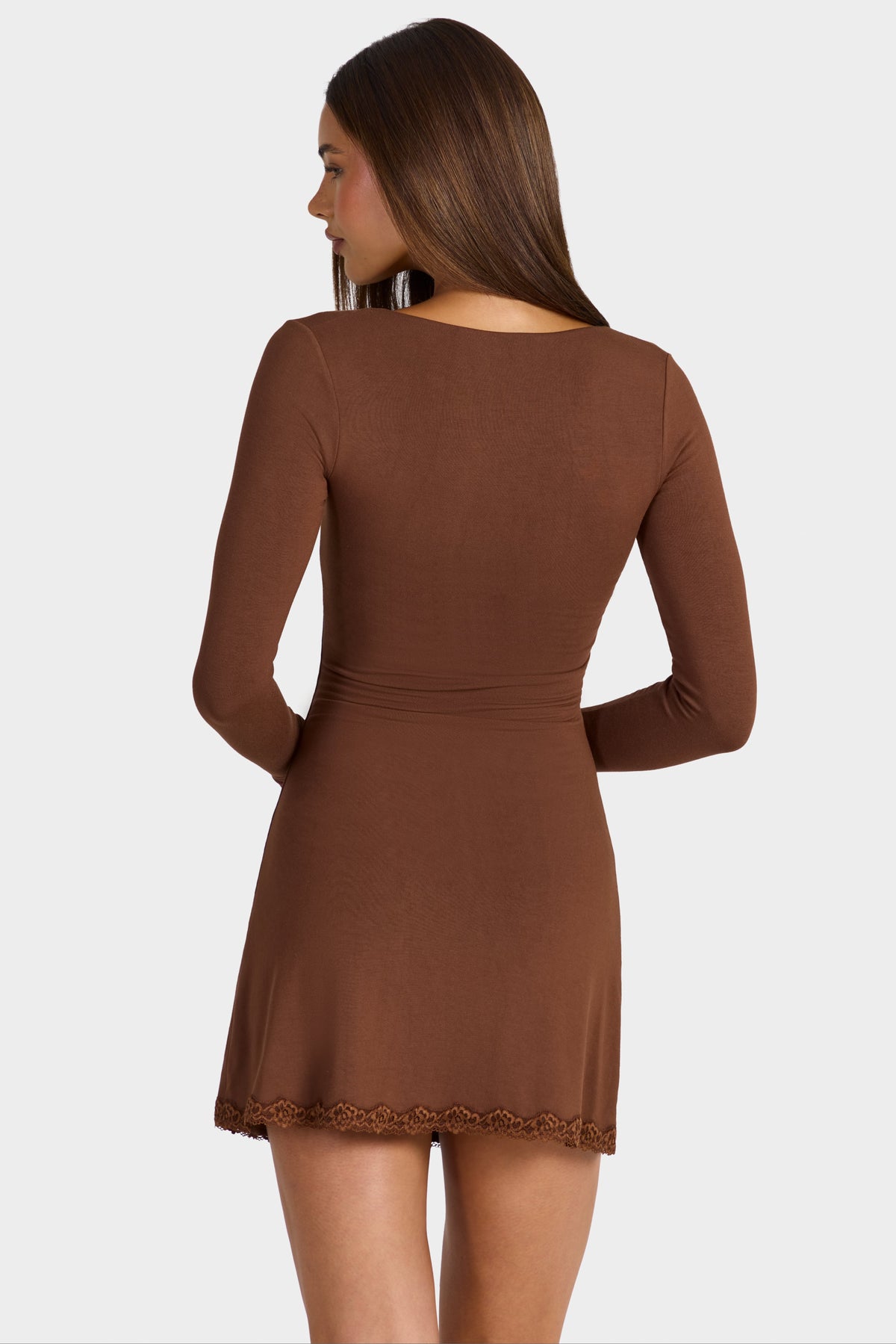 Chic Modal Lace-Trim Long-Sleeve Mini Dress in Cocoa Brown