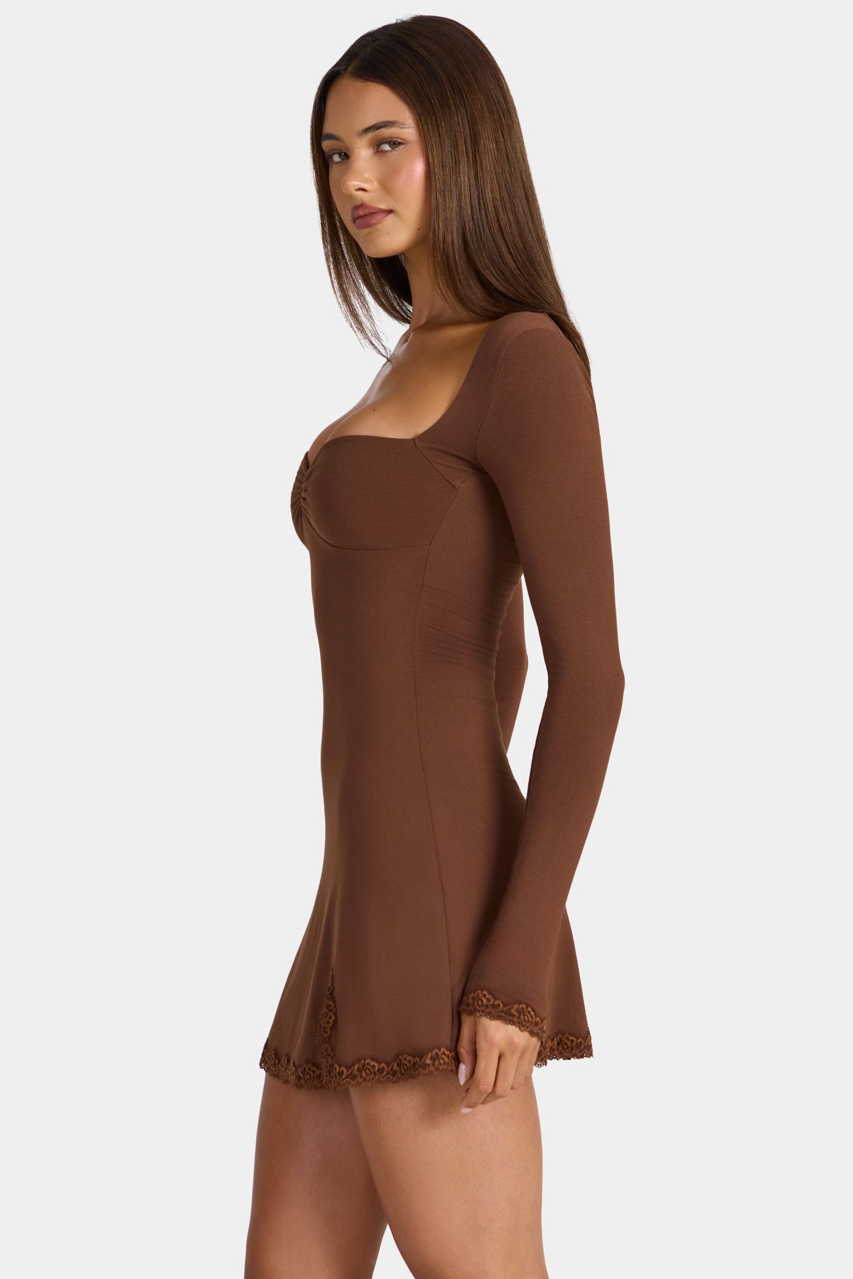 Chic Modal Lace-Trim Long-Sleeve Mini Dress in Cocoa Brown