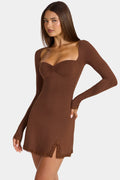 Chic Modal Lace-Trim Long-Sleeve Mini Dress in Cocoa Brown