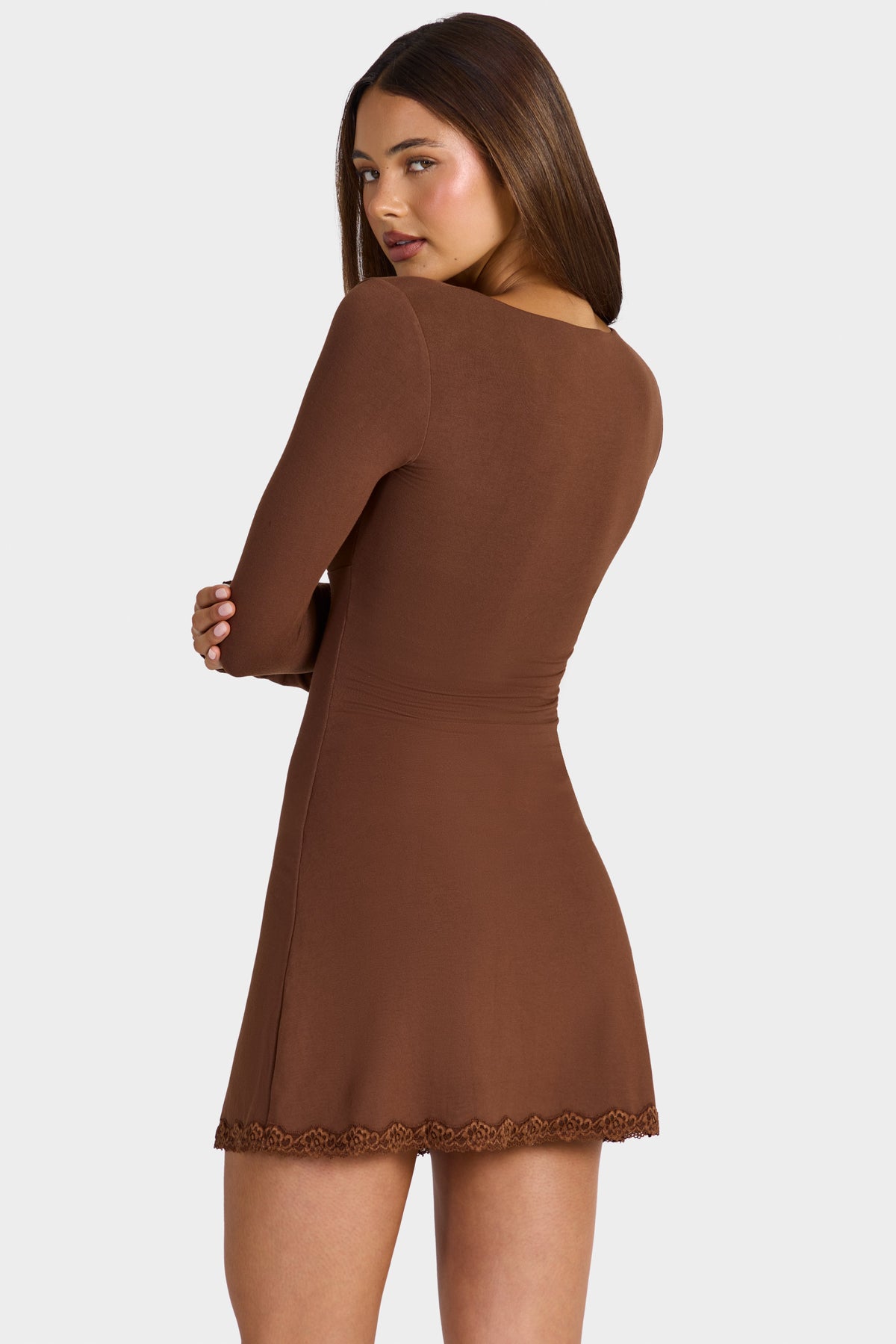 Chic Modal Lace-Trim Long-Sleeve Mini Dress in Cocoa Brown