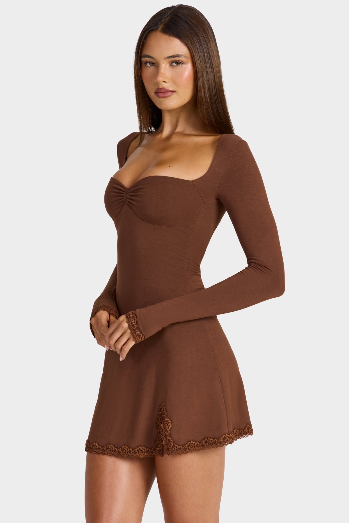 Chic Modal Lace-Trim Long-Sleeve Mini Dress in Cocoa Brown