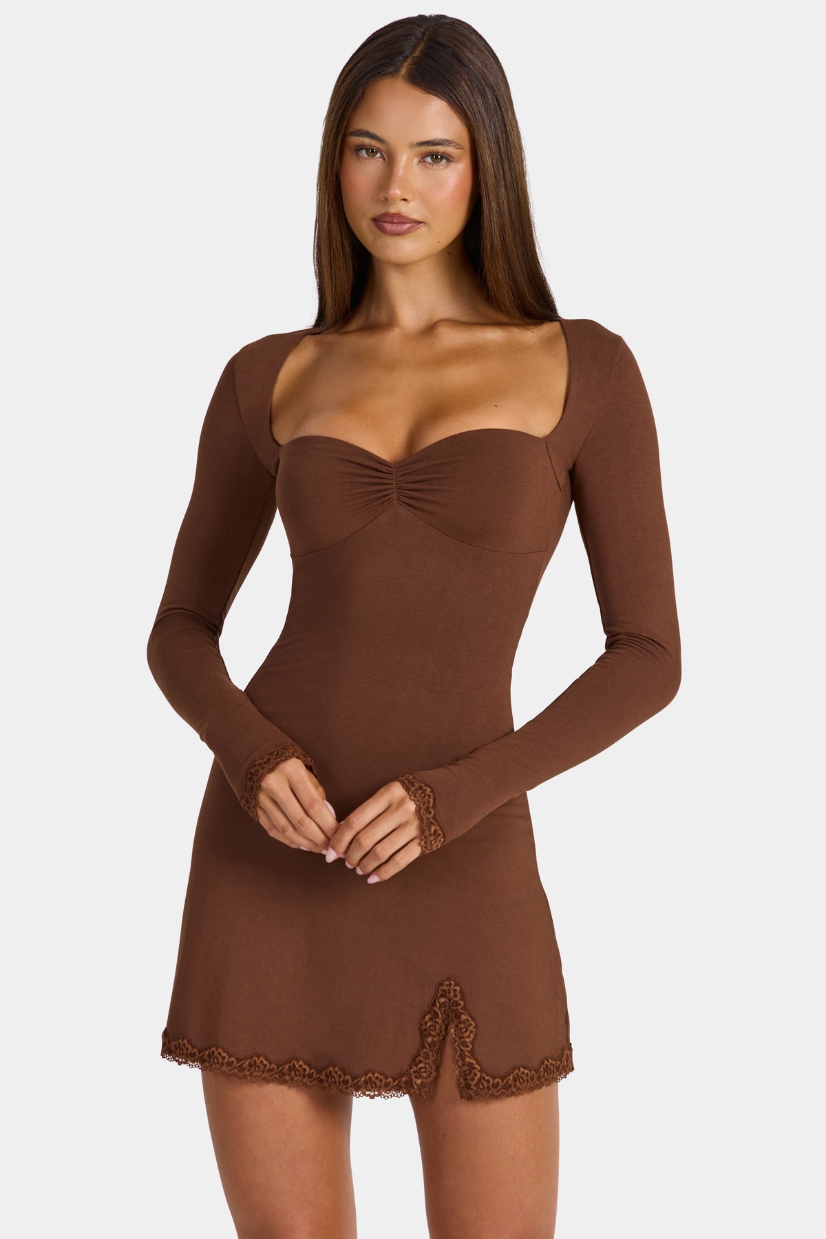 Chic Modal Lace-Trim Long-Sleeve Mini Dress in Cocoa Brown