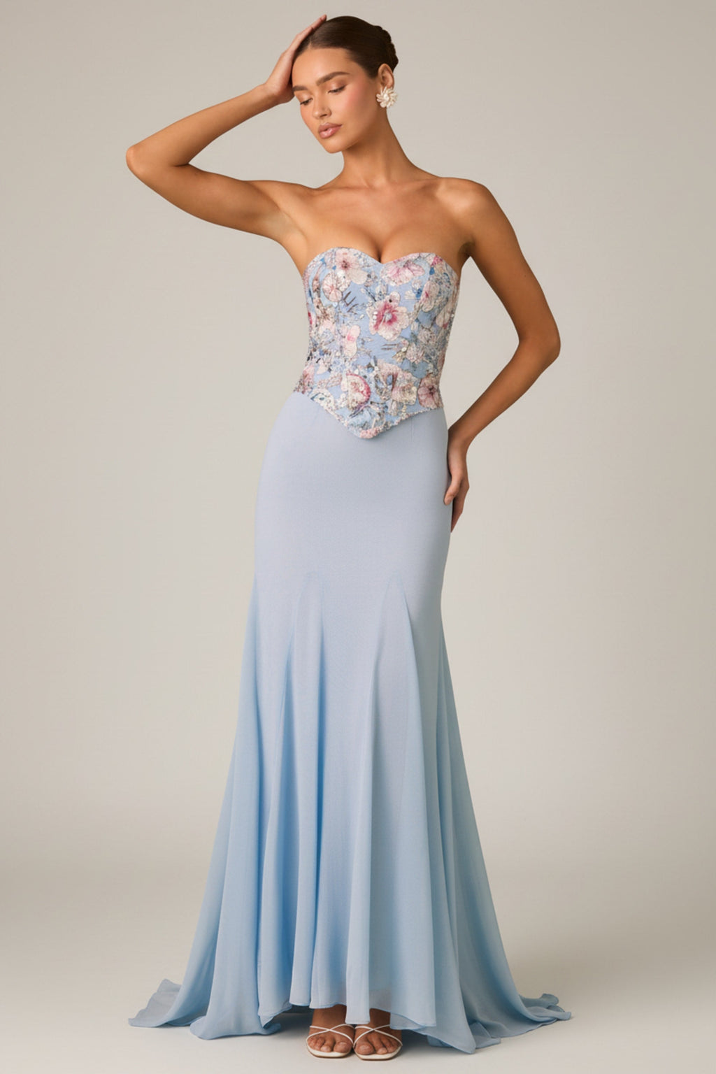Chic Embellished Corset Fishtail Gown in Floral Blue