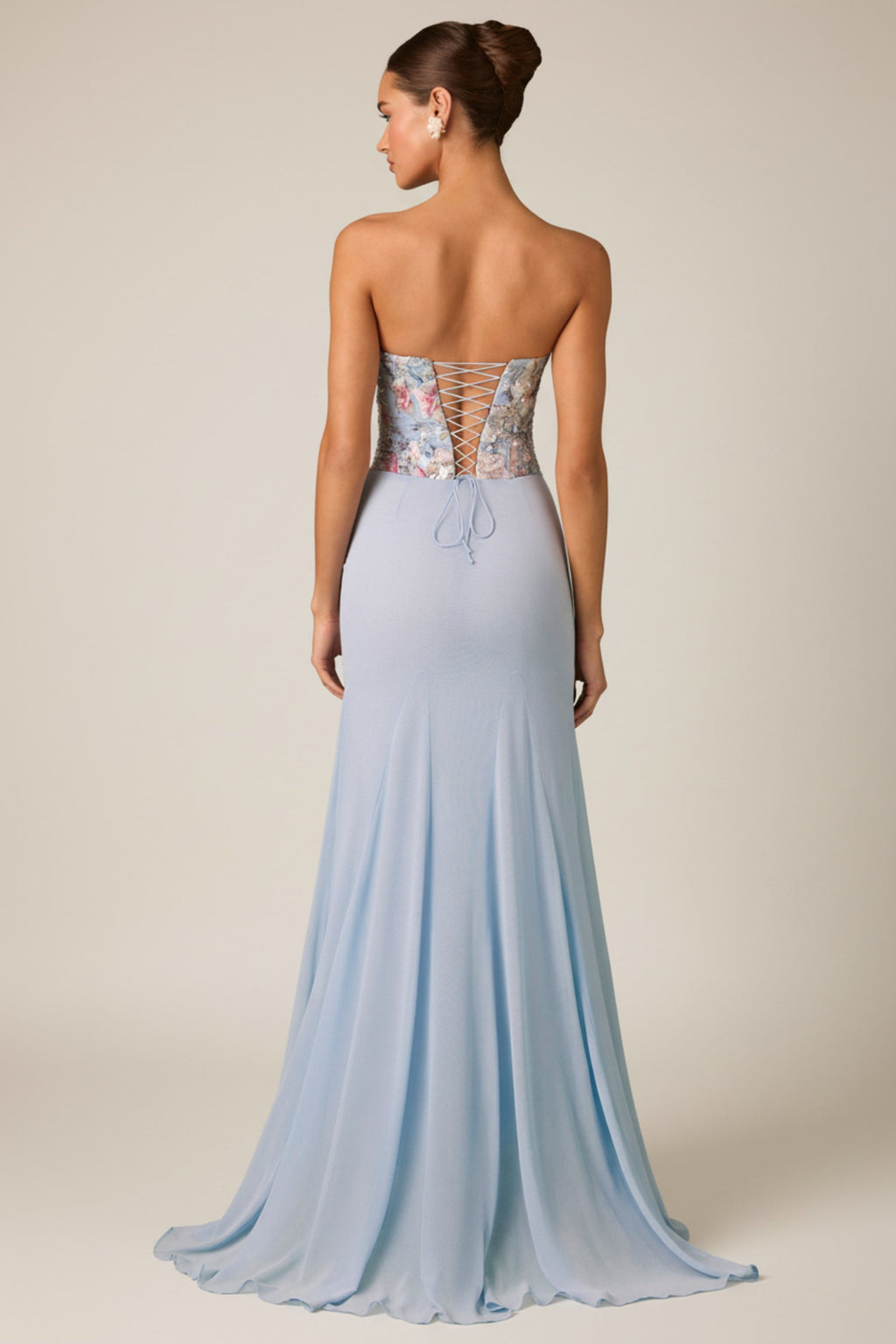 Chic Embellished Corset Fishtail Gown in Floral Blue