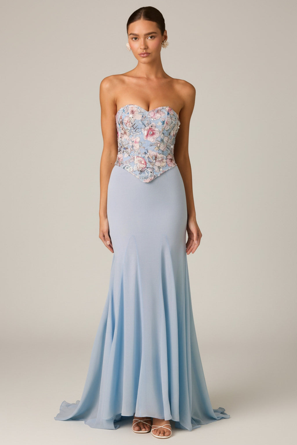 Chic Embellished Corset Fishtail Gown in Floral Blue