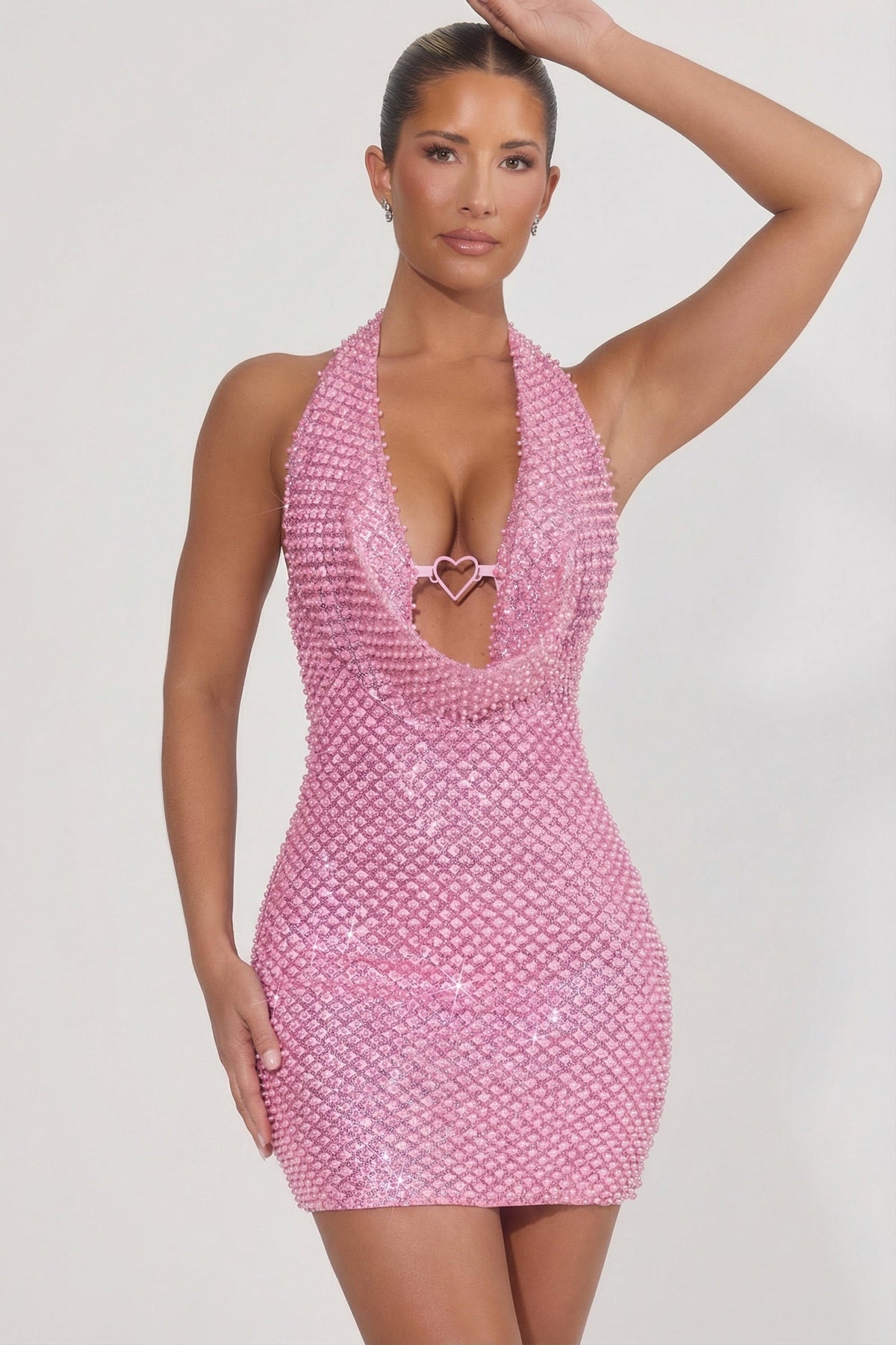 Chic Embellished Heart-Detail Cowl-Neck Mini Dress in Pink