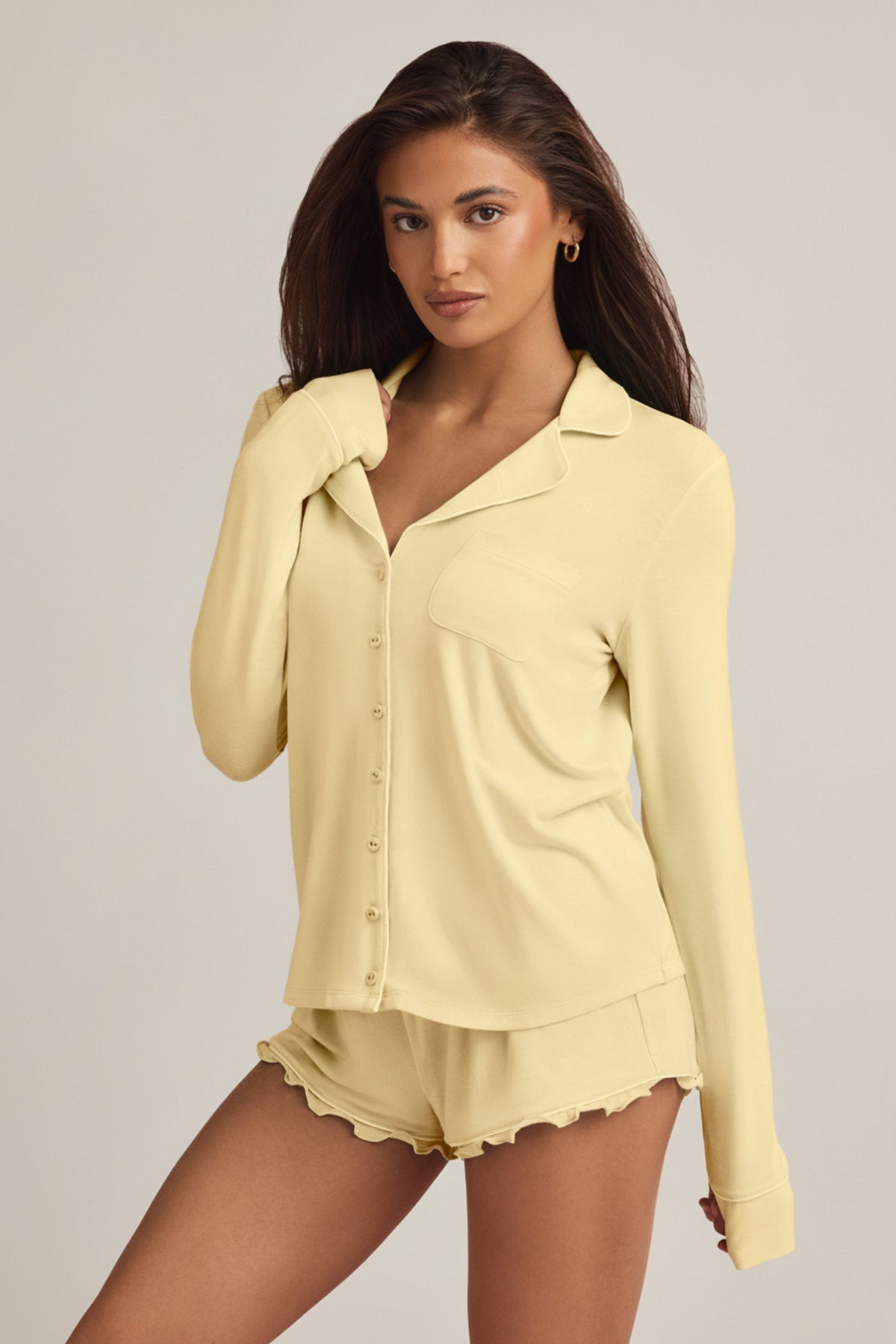 Chic Modal Ruffle-Trim Pyjama Shorts in Pastel Yellow