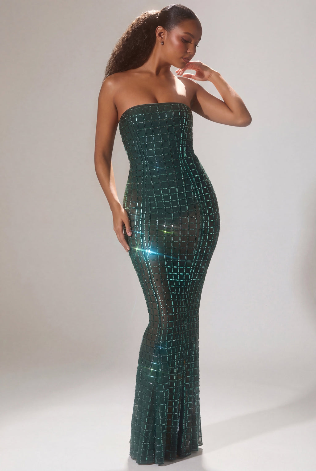 Chic Embellished Strapless Gown in Emerald Green