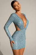 Chic Embellished Cut-Out Mini Dress in Light Blue