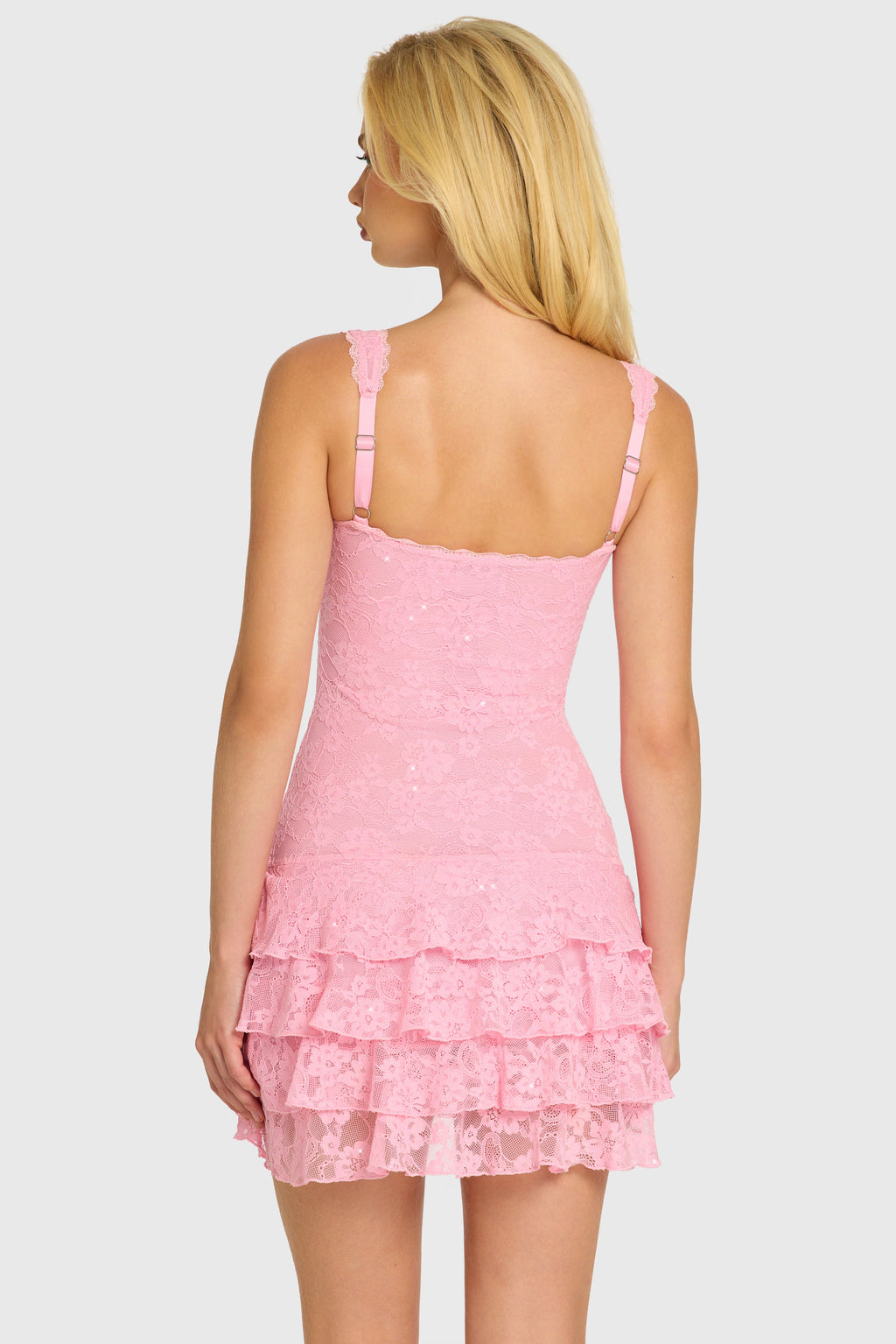 Chic Sequin Lace Ruffle Mini Dress in Blossom