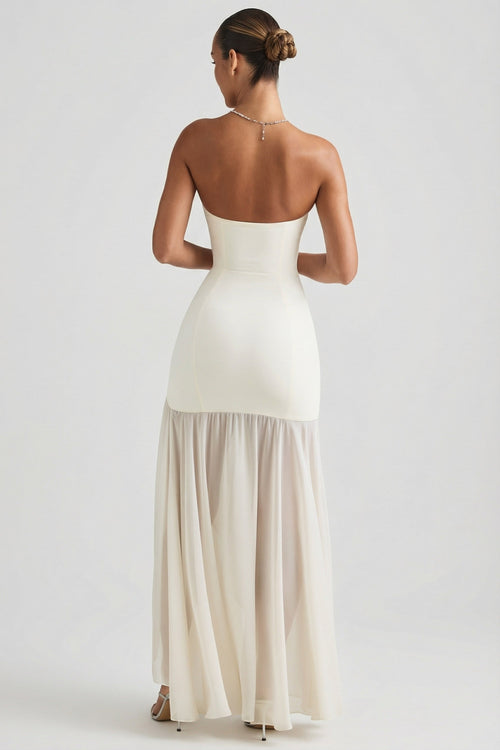 Chic Asymmetric Strapless Fishtail Maxi Dress in Ivory