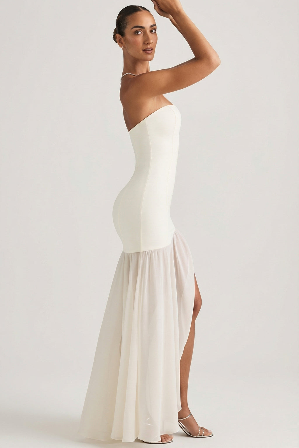 Chic Asymmetric Strapless Fishtail Maxi Dress in Ivory