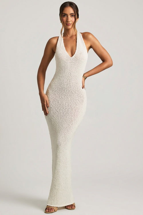 Chic Bouclé Halterneck Maxi Dress in White