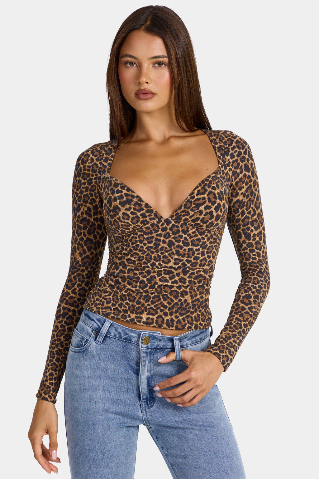 Chic Modal Ruched Long-Sleeve Top in Leopard
