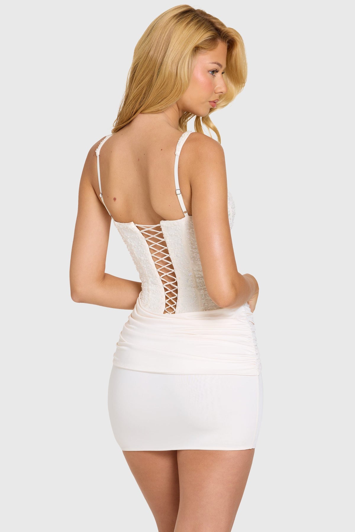 Chic Embellished Corset Mini Dress in Ivory