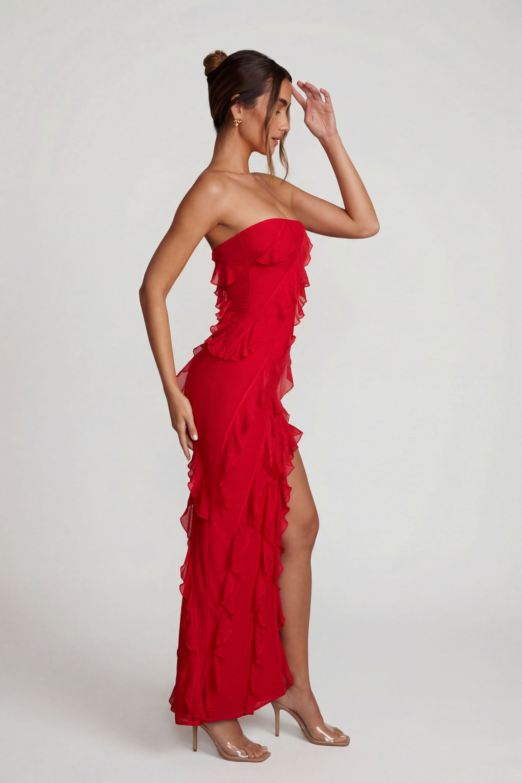 Chic Bandeau Ruffle Detail Maxi Dress in Red