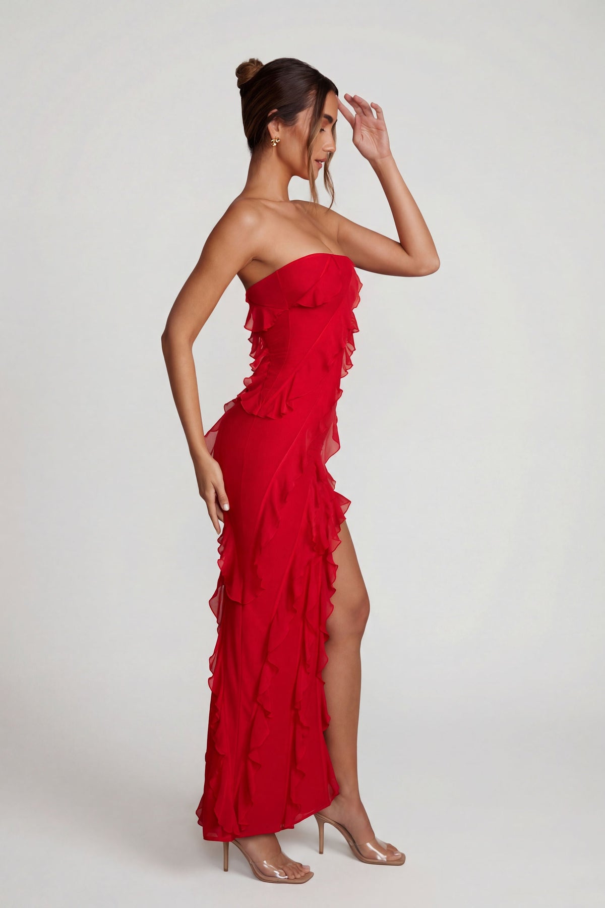 Chic Bandeau Ruffle Detail Maxi Dress in Red