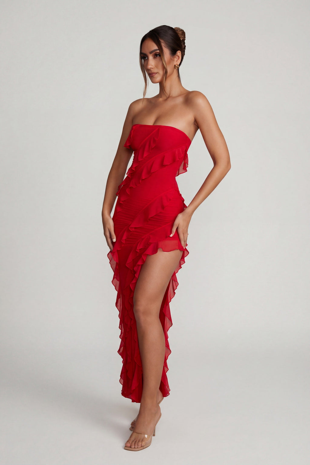 Chic Bandeau Ruffle Detail Maxi Dress in Red
