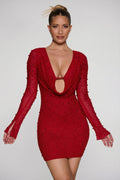 Chic Long Sleeve Deep Plunge Mini Dress in Red