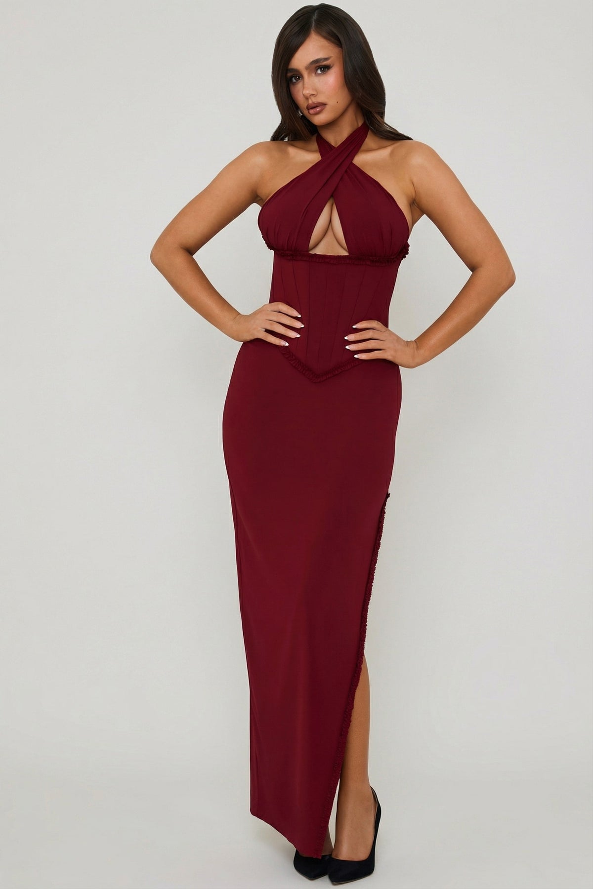 Chic Halterneck Lace-Up Corset Maxi Dress in Berry Red