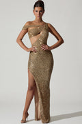 Chic Embellished Asymmetric Cut-Out Gown in Gold