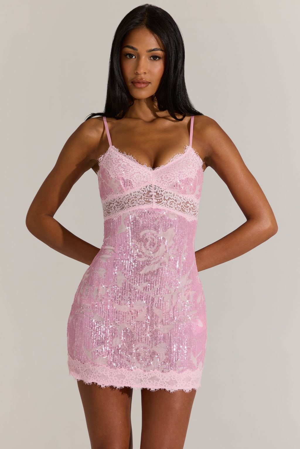 Chic Embellished Lace-Trim Mini Dress in Blossom Pink
