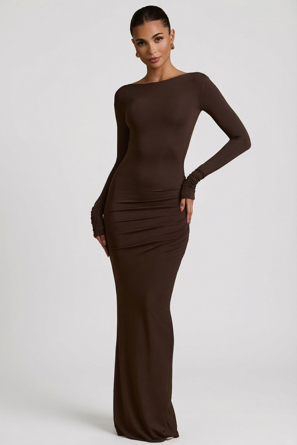 Chic Modal Ruched Backless Maxi Dress in Chocolate Brown