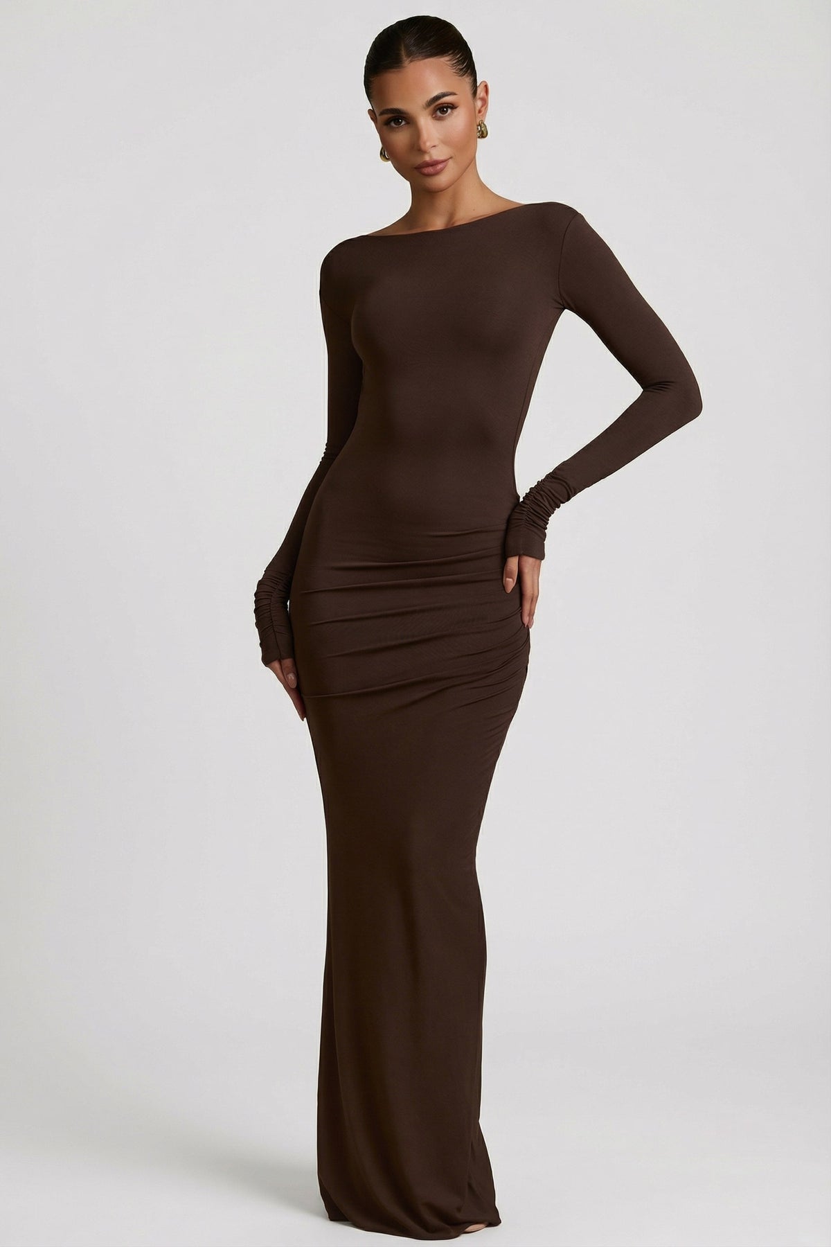 Chic Modal Ruched Backless Maxi Dress in Chocolate Brown