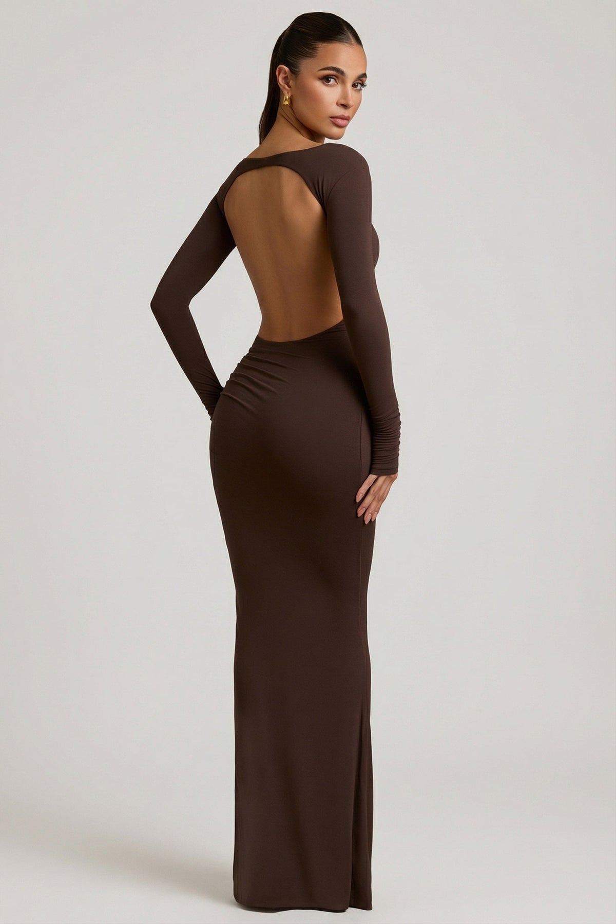 Chic Modal Ruched Backless Maxi Dress in Chocolate Brown