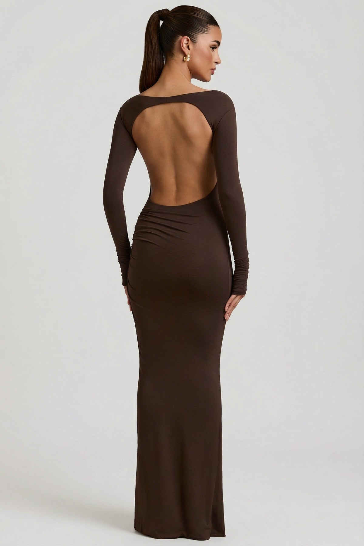 Chic Modal Ruched Backless Maxi Dress in Chocolate Brown