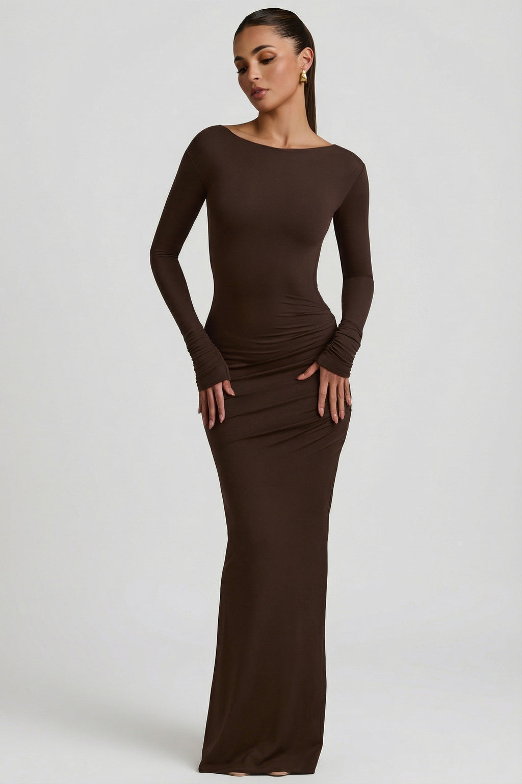 Chic Modal Ruched Backless Maxi Dress in Chocolate Brown