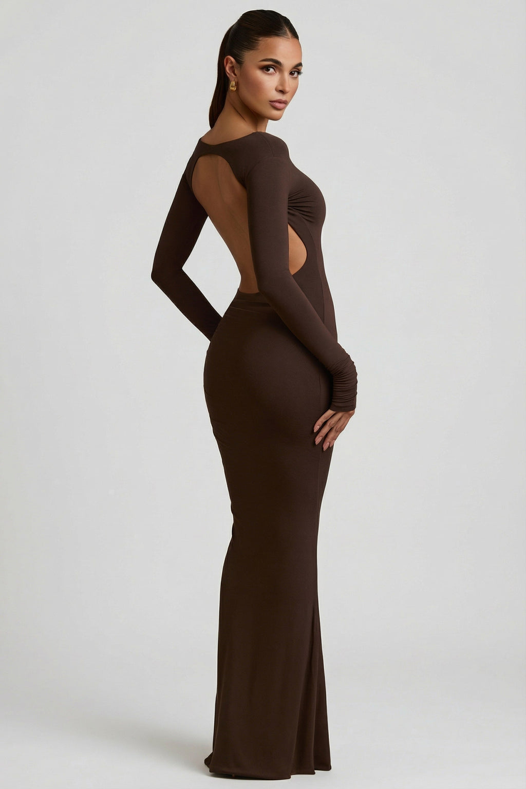 Chic Modal Ruched Backless Maxi Dress in Chocolate Brown