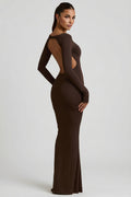 Chic Modal Ruched Backless Maxi Dress in Chocolate Brown