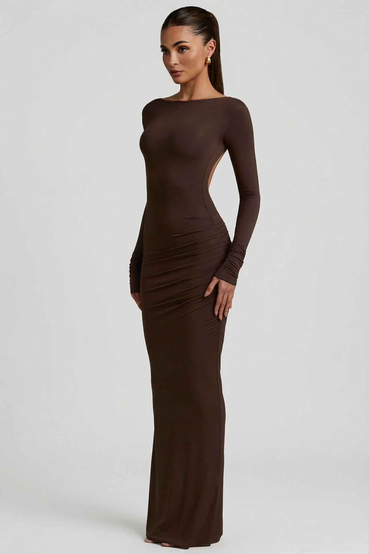 Chic Modal Ruched Backless Maxi Dress in Chocolate Brown